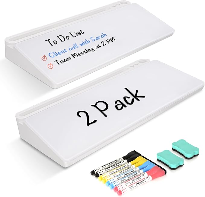 2 Pack Desktop Glass Whiteboard with Storage, Desk Dry Erase White Board | Computer Keyboard Stand, Office Desk Organizers and Accessories with Drawer, To Do Memo Notepad, Home School Supplies