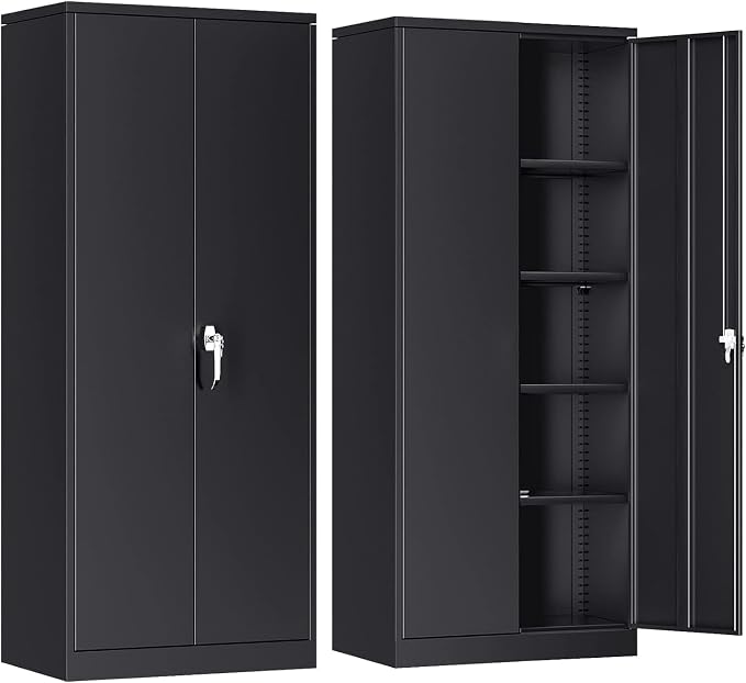 Metal Storage Cabinet, 72” H Storage Cabinet with 2 Doors and 4 Adjustable Shelves for Office, Home, Garage (Assembly Required, Black)