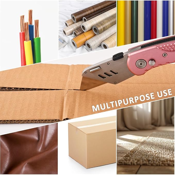 Box Cutter Retractable, Folding Utility Knife with Aluminum Handle, Heavy Duty Knife, Back-lock Mechanism, Stainless Belt Clip, for Carpet, Carton, Box, Cardboard, with 5-piece Extra Blades (Pink)