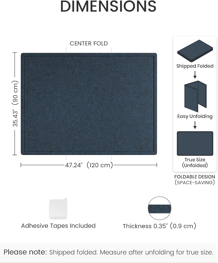 Fluxynara 47.2" x 35.4" Large Bulletin Board, Carbon Blue | Cork Board Alternative with 24 Removable Adhesive Tabs, Foldable Felt Pin Board for Home, Office, Classroom & Dorm