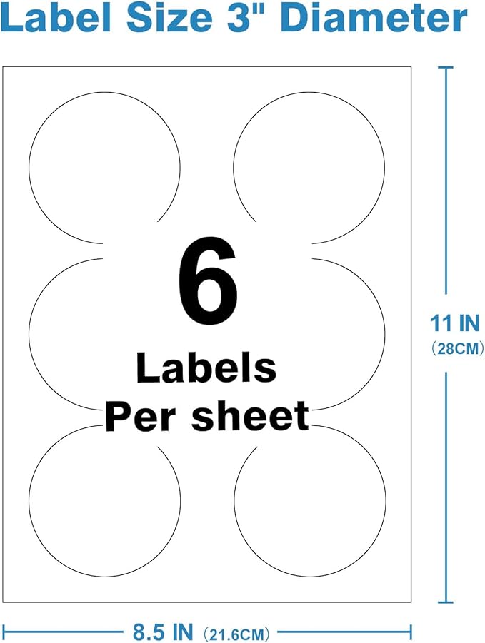 3" Circle Sticker Labels, Round Printable Sticker to Write On, Sticker Paper for Inkjet Printer, (6 Labels/Sheet), 30 Sheets, HB-C006