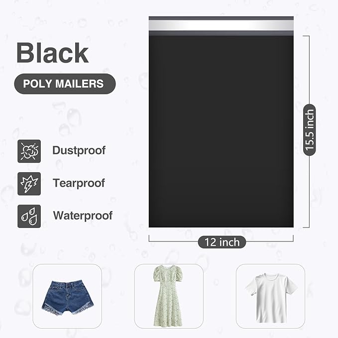UCGOU 12x15.5 Poly Mailers Black Shipping Bags Self-Sealing Waterproof and Tear-Proof 50 Pack
