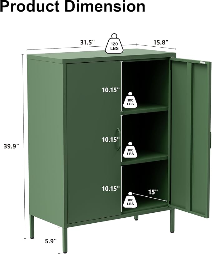 Washsemba Metal Storage Cabinet with Doors and Shelves,Multipurpose Storage Rack, 3-Tier Shelf,Metal Locker Style Accent Cabinet for Home Office,Living Room,Kitchen (Forest Green, 40''H)