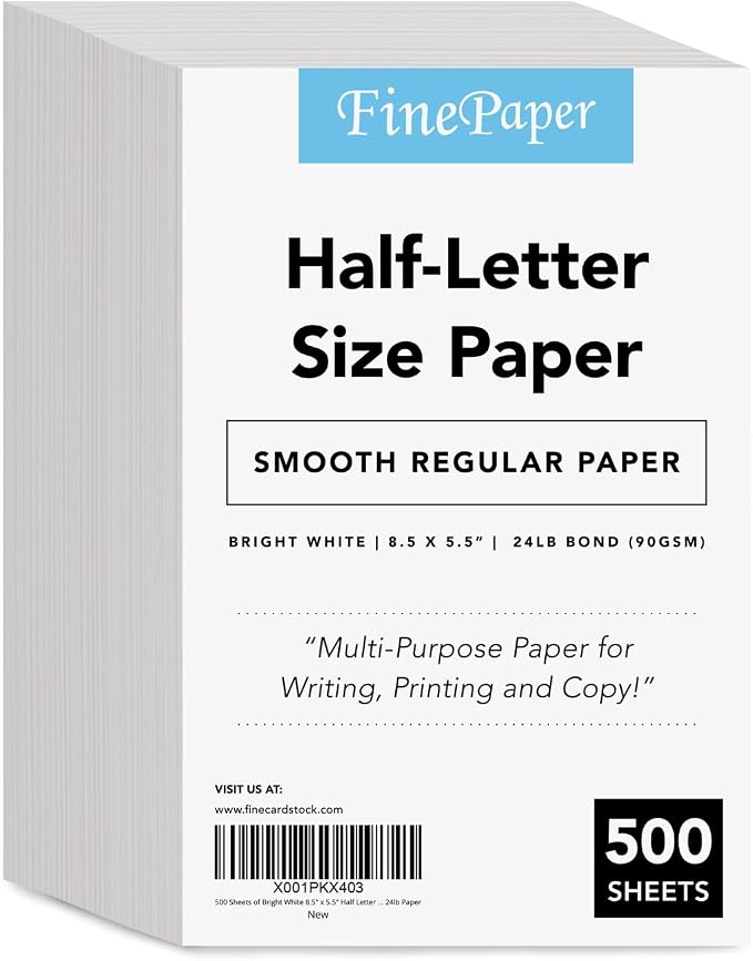 500 Sheets of Bright White 8.5" x 5.5" Half letter Size, Regular 24lb. Paper