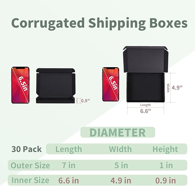 Rempry 30 Pack 7x5x1 Black Shipping Boxes, Small Cardboard Mailer Boxes for Small Business Packaging