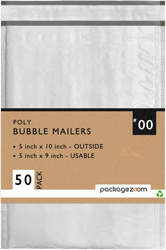 PackageZoom 50 Pcs Poly Bubble Mailers 5x10 Padded Envelopes #00 Shipping Envelopes 2.5 Mil