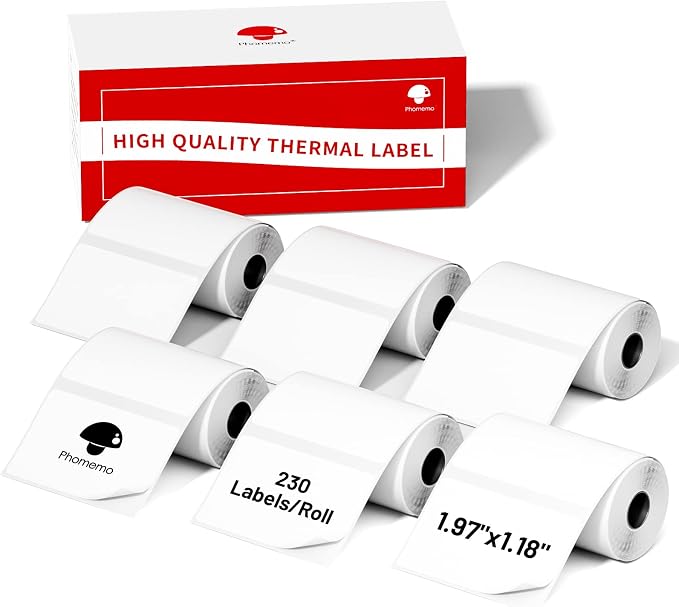 Phomemo Labels 6 Rolls,1.97"x1.18", Use for M110/M100/M220/M108, 1380 PCS | Square 50×30mm, Thermal Stickers Labels for Kids & School, Barcode, Logo, Business, Home,Organization, Peptide Vial, White