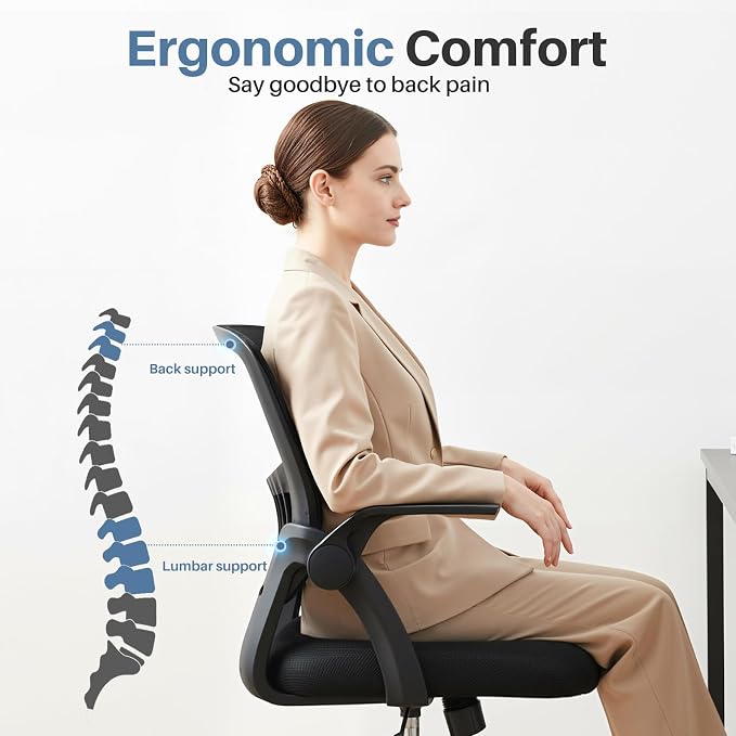 DUMOS Home Office Desk Chair, Computer Lumbar Support Chair | Ergonomic Mesh, Flip-up Armrest Height Adjustable, Rocking Mode 360 Swivel, Meeting Room, Black