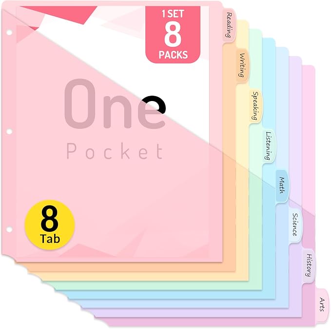 Forvencer 8 Count Dividers for 3 Ring Binder, 8 tabs Binder Dividers | Dividers with Pockets, Binder Dividers with Tabs for School Office and Home Organization, Multicolor, 1 Set
