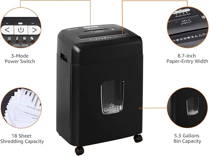 Amazon Basics 18 Sheet Cross Cut Paper, CD, and Credit Card Shredder with 6 Gallon Bin, 30 Minutes Continuous Run Time, Black