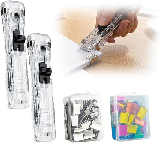 Portable Binder Clip Stapler, 2026 New Portable Office Tool, Durable Desk Organizer for Study Room, 100 Metal Refill Clips (50 Silver + 50 Color) for Home (2, Transparent)