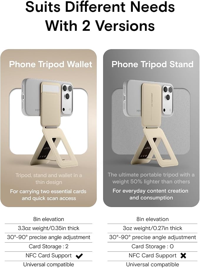 MOFT Phone Tripod Stand & Wallet, NFC Card Holder, Hold 1-2 Cards | Mulit-Angles | Portable l MOVAS Leather | Magsafe Compatible | Easy to Charge | Travel Essential |For Content Creators