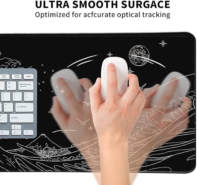 MEWOOCUE® Large Gaming Mouse Pad for Computer,Black Japanese Sea Wave Anime Mouse Mat,Long XXL Waterproof Keyboard Pads,Big Non-Slip Mouse Pads for Game Office Home（15.7 x 35.4 in）