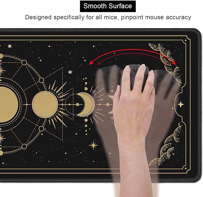 Moon Phases Large Gaming Mouse Pad, Celestial Cycle Lunar Chart Black and Gold Desk Pad, Stars in Space Horoscope Desk Mat, Mystical Astronomy Mousepad for Gamer Home&Office, 31.5x11.8 in