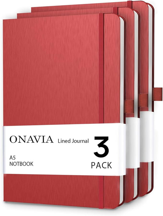 A5 College Ruled Notebook 3 Pack, Hardcover Lined Journals for School Notes, Study, Homework, Class Writing and Journaling, 160 Pages (80 Sheets), 5.8 x 8.3 in, Red