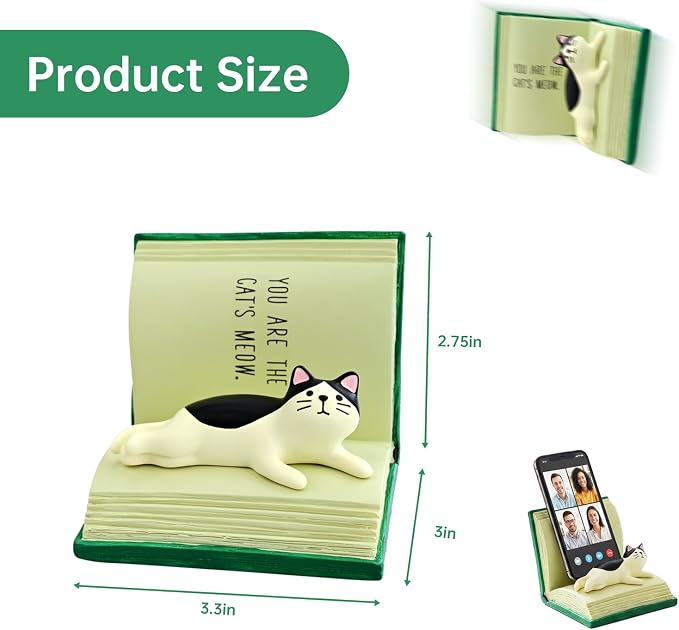 RAQWI Cat Lying on Book Phone Stand, Cute Kitten Cell Phone Holder for Desk, Creative Resin Bookish Decor for Home Office, Gift for Readers & Cat Lovers (Green)
