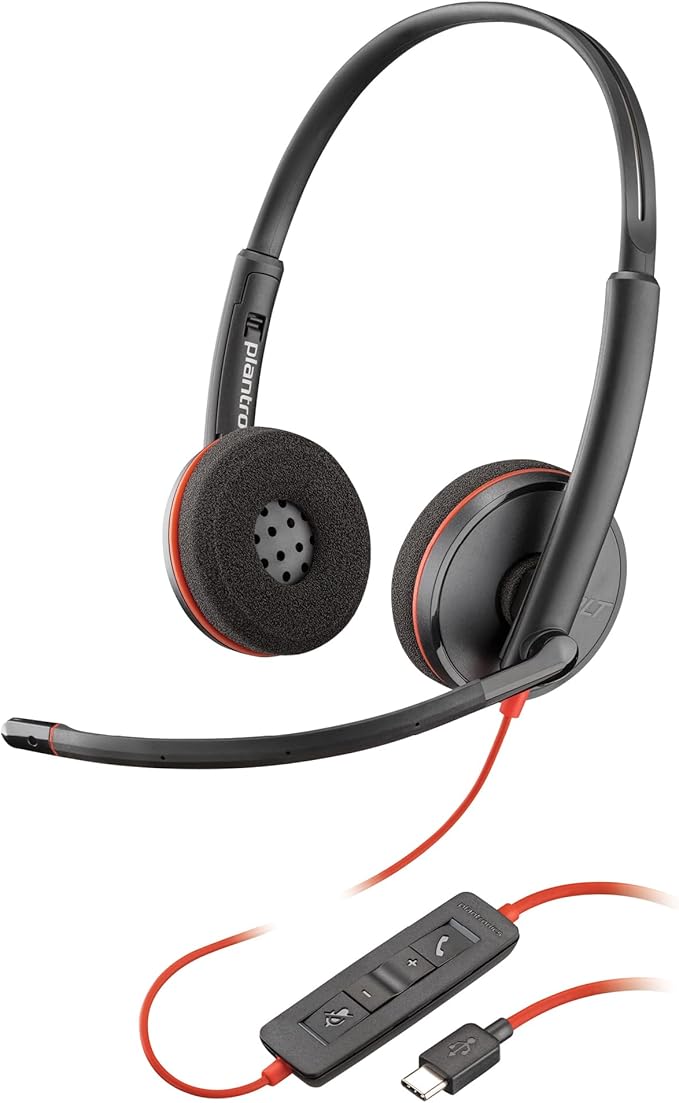 Poly Blackwire 3220 Wired Headset with Mic, Hi-Fi Stereo Sound, Noise-Canceling Mic, Stereo Design, Connect to PC via USB-C & USB-A Adapter, Over-Ear Design, Works with Virtual Meeting Platforms