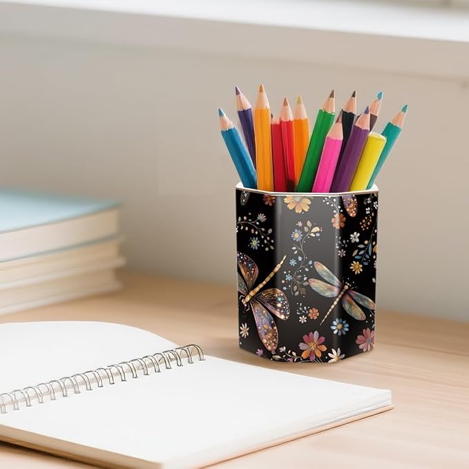 Pen Holder, Pencil Cup for Desk, Cute Desk Organizer, Durable Ceramic Decorative Makeup Brush Desktop Accessories, Stylish Stationery for Office, Home, Cute Dragonfly Pattern