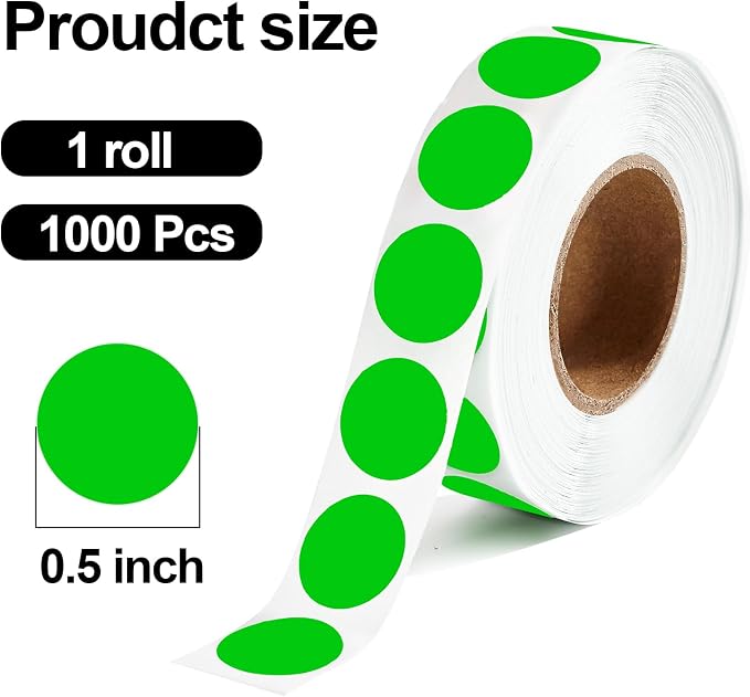 1000 Pcs Green Round Stickers 1/2 Inch Color Circle Dot Stickers Small Code Labels for Office Shop Yard Sale Home Classroom Marking (Green)