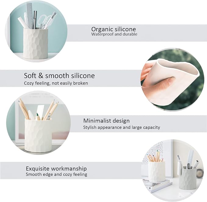 minimaliving Pen Holder,Nordic Style Silicone Waterproof Pencil Holder for Desk Simple&Modern Minimalist Makeup Organizer Multifunctional Office Supplies for Home,Kids and School(Light grey)