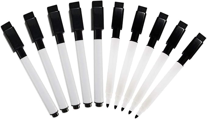 Flexible Magnets Fine tip Dry Erase Black Markers with Magnetic Cap and Eraser, Perfect for Dry Erase Boards and Whiteboards Pack of 10