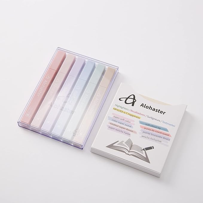 HPSIZEE Aesthetic Cute Highlighters Mild Assorted Colors With Soft Chisel Tip, No Bleed Dry Fast Easy to Hold, for Journal Bible Planner Notes School Office Supplies, 6 Pack - Happiness