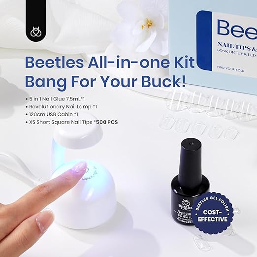 Beetles Gel Nail Tips Kit Square 500Pcs Pre-shaped Extra Short Square Nail Tips with 5 in 1 Mutipurpose Glue Gel Base Uv Led Nail Lamp