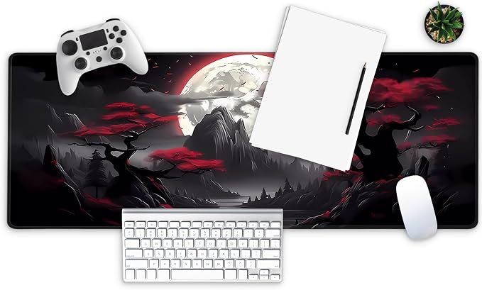 MAY FLOWER Large Gaming Mouse Pad, Full Keyboard Mat, Long Laptop Mousepad, Computer Mouse Mat for Home and Office, Anti-Slip Rubber Base, 31.5 x 11.8 Inches (Dark Red Moon)