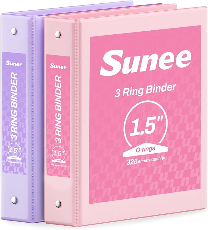 SUNEE 3 Ring Binder 1.5 Inch 2 Pack, Clear View Binder Three Ring PVC-Free (Fit 8.5x11 Inches) for School or Office Supplies, Pink & Purple