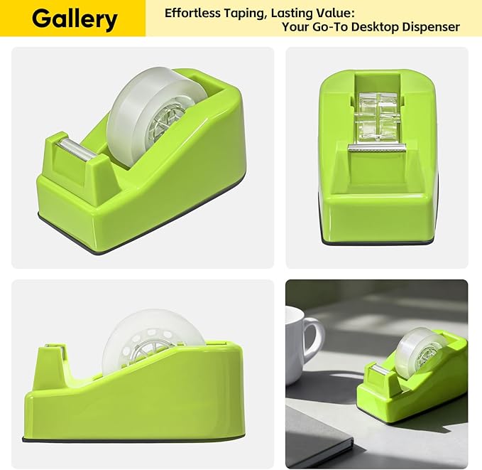 Desktop Office Tape Dispenser, Fits Standard 1-Inch Core Tapes, Weighted Non-Slip Base, Sharp Metal Blade, Smooth Cutting, Adhesive Roll Holder for Office, School, Shop, Home & Business - Apple Green
