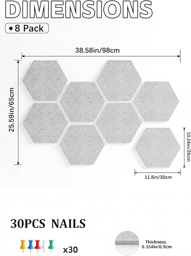 8-Pack Hexagon Felt Bulletin Board Tiles, Cork Board Alternative | For students and teachers creating vision boards in homes, offices, dorms or classrooms; includes 30 push pins.