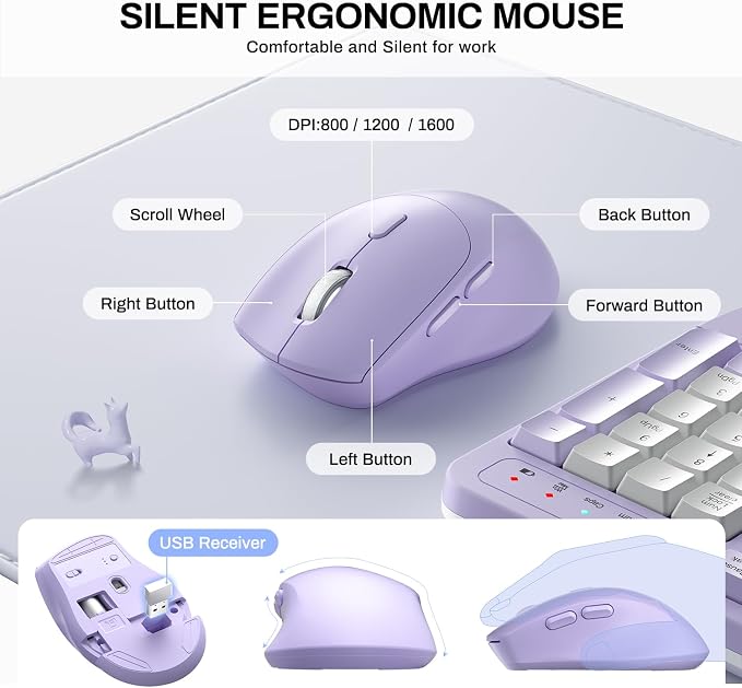 Wireless Keyboard and Mouse Combo,2.4G Ergonomic Wave Keys(Purple-B) | Full Size Cordless Keyboard with Wrist Rest,3-Level DPI Ergonomic Mouse for Office and Home,Windows/Mac OS/Desktop/Laptop/PC