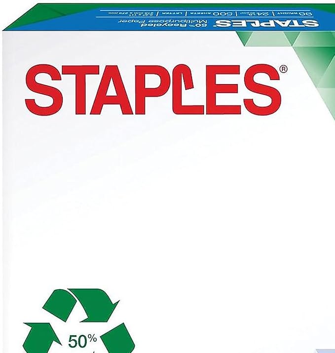 Staples 50 Percent Recycled Multipurpose Paper, 8 1/2" x 11", Ream, For Office, School & Home