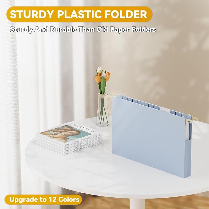 Plastic Hanging File Folders Legal Size,Heavy Duty 1" Expandable Filing Cabniet Folder with Tabs,12 Pack Sturdy Hang Folder for File Frame/File Box,Pastel Color Hanging File Organizer