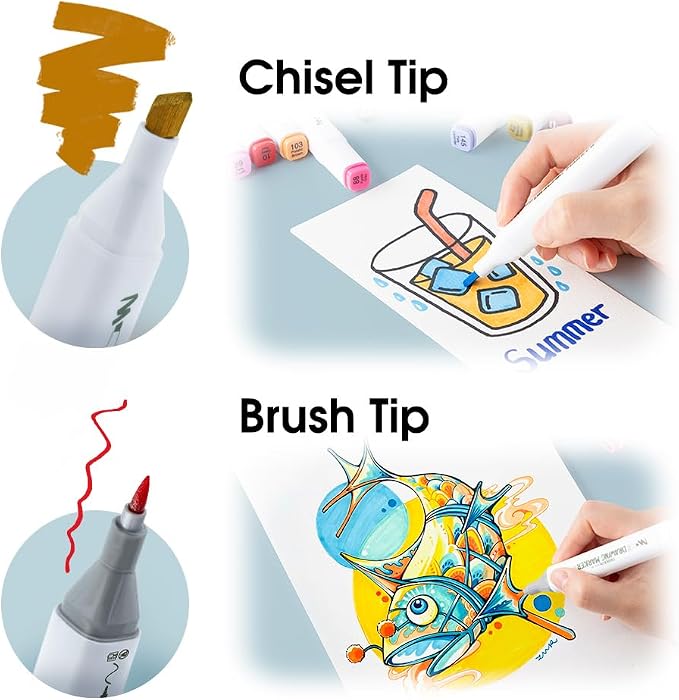 TRANSON Alcohol Markers for Drawing Coloring 48 Colors Dual-tip Chisel and Brush Tips