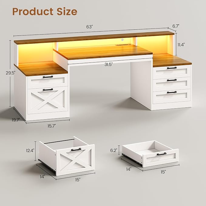SEDETA 63" Farmhouse Office Desk with 5 Drawers, White and Brown | Executive Computer Desk with LED Lights & Monitor Stand, Wood Home Office Desk with 2 Printer Stand & Power Outlet