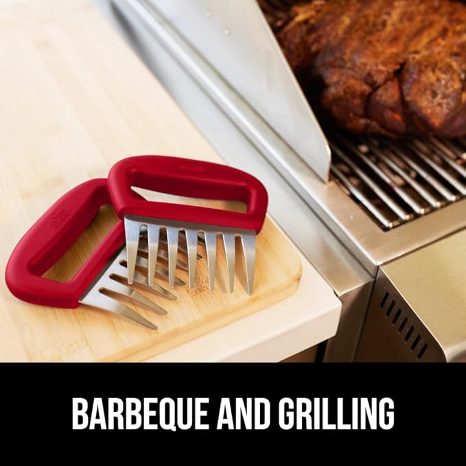 GORILLA GRIP BPA-Free Chicken Shredder Meat Claws, Sharp Stainless Steel Food Shredding Fork, Comfortable Handle, Easily Shred Pulled Pork, Taco Meats, Kitchen Smoker BBQ Tool, Dishwasher Safe, Red