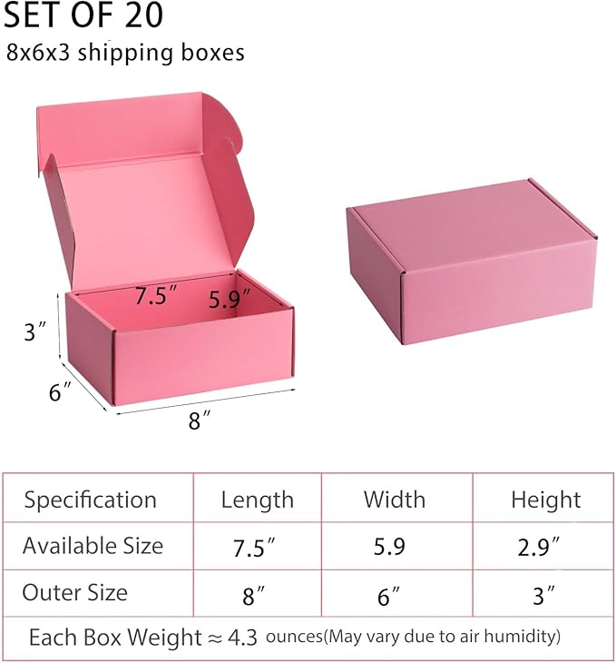 Small Shipping Boxes 8x6x3 Inches – Pink Corrugated Cardboard Boxes (20-Pack) for Mailing, Packing, Small Business & Gift Packaging - Recyclable & Sturdy