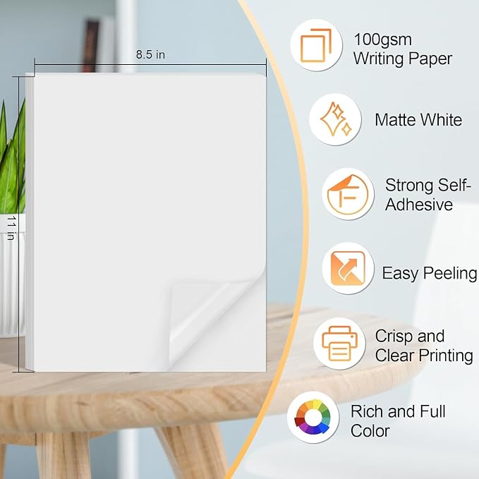 Printable Sticker Paper for Inkjet Printer, 150 Sheets 8.5" x11'' Matte Sticker Printer Paper Full Sheet Labels for Laser/Inkjet Printers, Letter Size