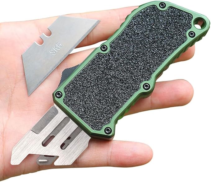 𝗖𝗮𝗿𝗲𝘀𝘀𝗼𝗹𝗼𝘃𝗲 Automatic Utility Knife, Aviation Aluminium Changeable Blade Box Cutter, Double Action Auto Retractable Razor Knife, Out The Front Automatic Pocket Knife With 5pcs Spare Blades