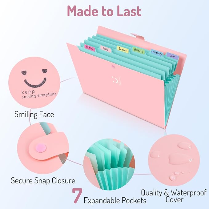 Forvencer Accordion File Organizer, 7 Pocket Expanding File Folder, Letter | Cute File Folder with Labels, Portable File Organizer for School Office Supplies, Folders for Documents, Purple