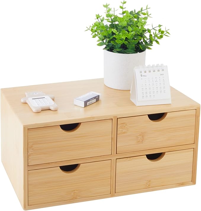 Bamboo Desk Organizer With Drawers Countertop Drawers Counter Storage Box Corner Desk Organizer for Home Office No Assembly Required (4 Drawers)