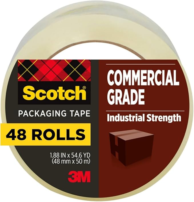 Scotch Commercial Grade Shipping Packaging Tape, 1.88" x 54.6 yd, Designed for Packing, Shipping and Mailing, Guaranteed to Stay Sealed, 3" Core, Clear, 48 Rolls