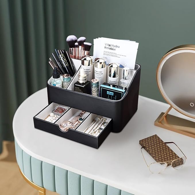Desk Organizer with Drawer, Multifunction Pencil Holder for Desk, Desk Organizer and Accessories 5 Compartments for Home Office Supplies (Black)