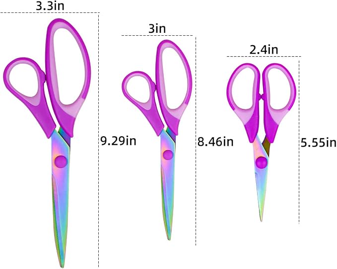 Craft Stainless Steel Titanium Coating Scissors Set of 3 - Multipurpose Fabric Scissors, Soft Grip Handle, Sharp Titanium Blades - Great for Office, Home, School (Purple)