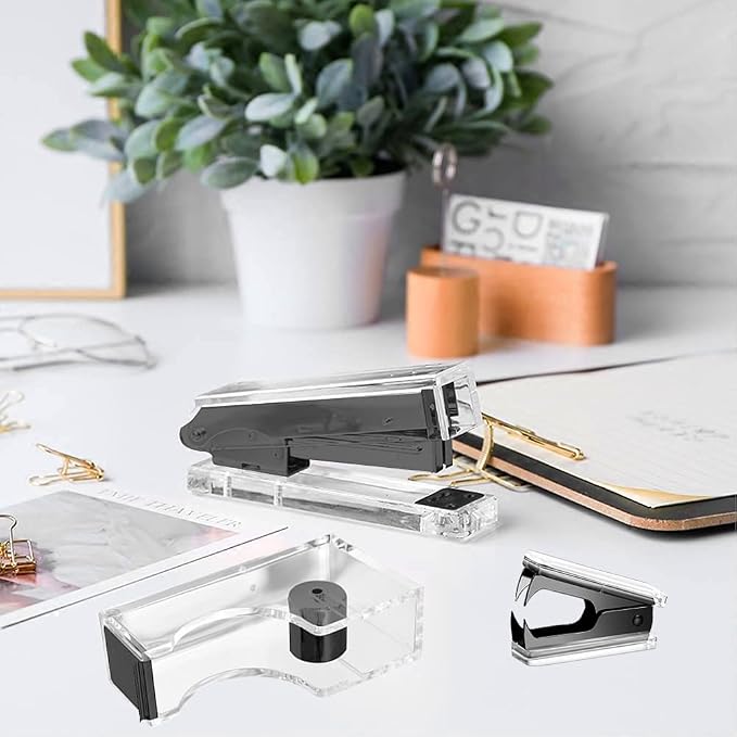 Acrylic Black Tape Dispenser and Desktop Stapler, Includes Staple Remover, Tape, 1000pcs Staples - Cute Office Stapler Set for Modern Design Desk Accessory Kit