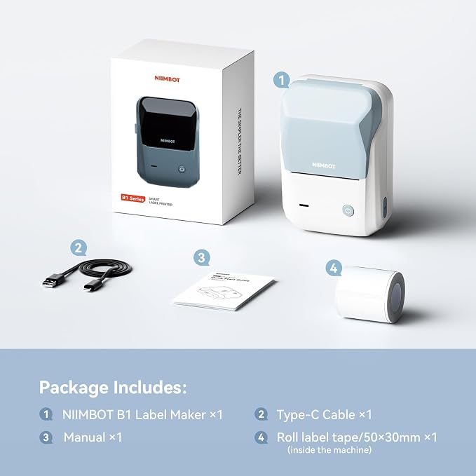 NIIMBOT B1 Label Maker,2 Inch Bluetooth Thermal Label Printer,Sky Blue | Labeling for Home Office School Small Business, Crafts, Retail,Support Smartphones & PC,Come With 1 Roll 50*30mm Tape
