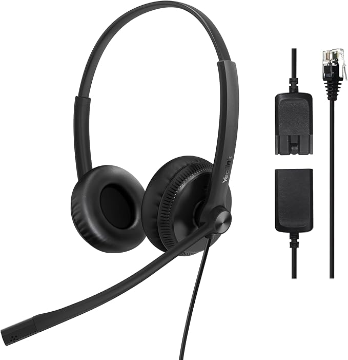 Yealink Phone Headsets for Office Phones YHS34 QD to RJ9 Wired Headset | Leather ear pads,Compatible with Poly Snom Phones Desk Landline Headset with Microphone -Dual/129g/2.1m Cable