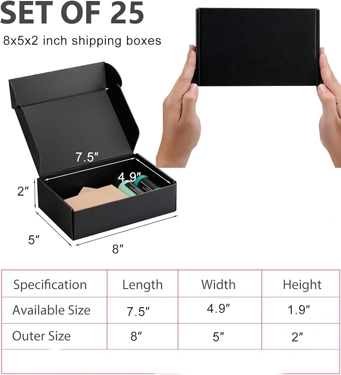 8x5x2 inch Black Shipping Boxes for Small Business- Set of 25 | Sturdy ECT 32 Corrugated Cardboard Mailer Boxes, Easy Assemble for Packaging, Mailing, Gift