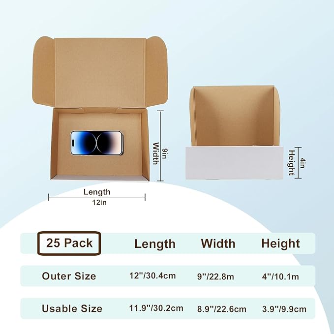 WIFTREY 12x9x4 Inches Shipping Boxes White Set of 25, 12 x 9 x 4 Corrugated Cardboard Box for Packaging Small Business, Moving, Literature Mailer